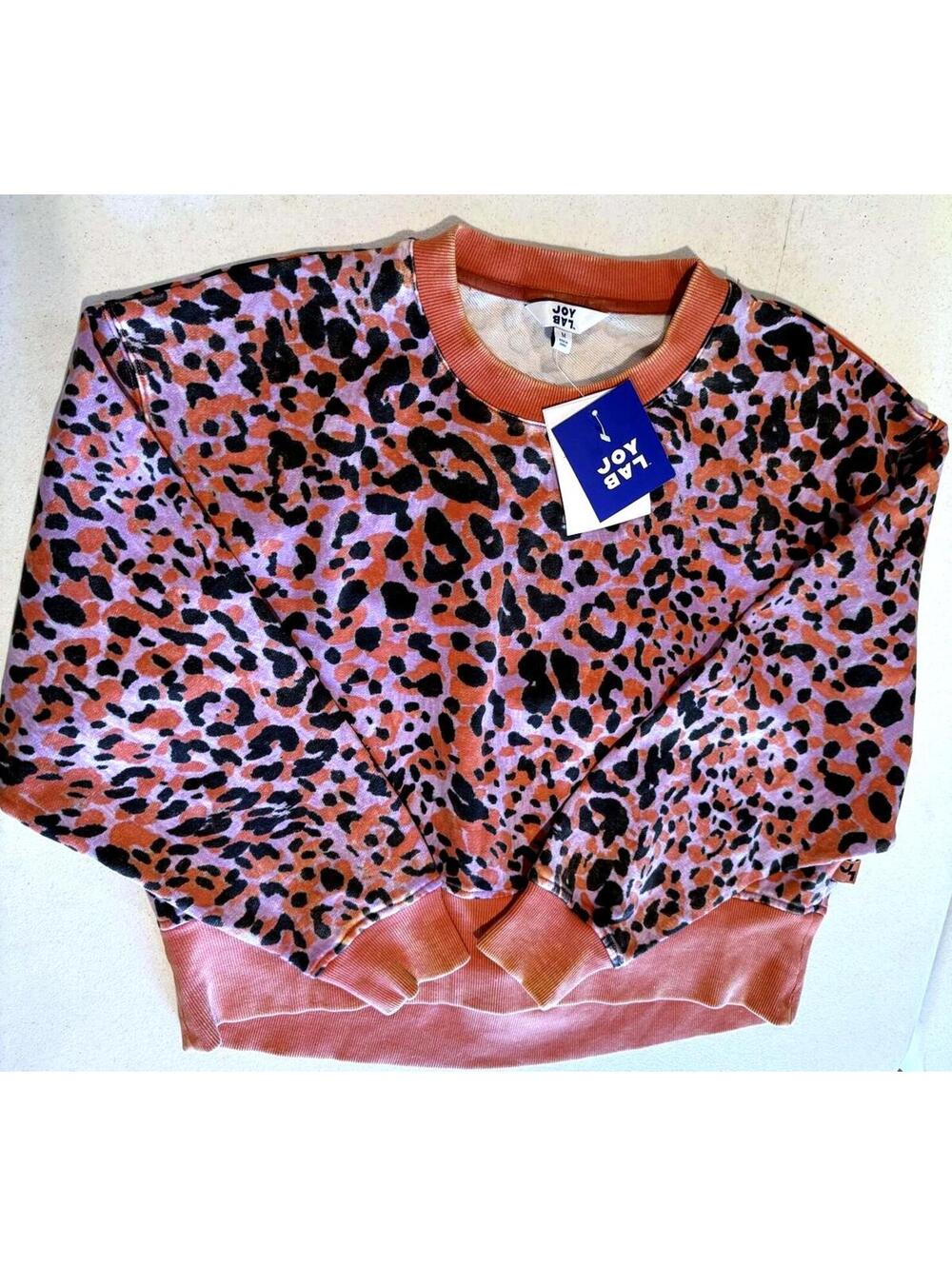 JoyLab Cropped French Terry Acid Wash Leopard Print Sweatshirt Size Medium